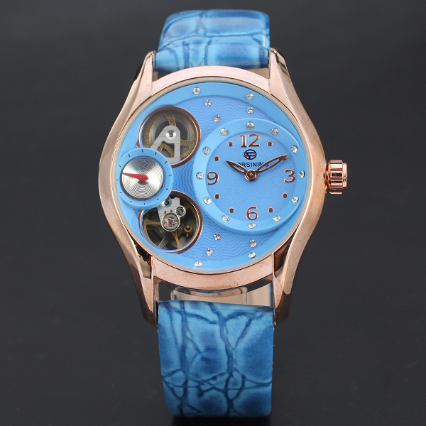 Zegarek damski FORSINING automatyczny, wysokiej jakości, niebieska skórzana bransoleta, projekt ze szkieletem z diamentami, mechaniczny - Wianko - 3