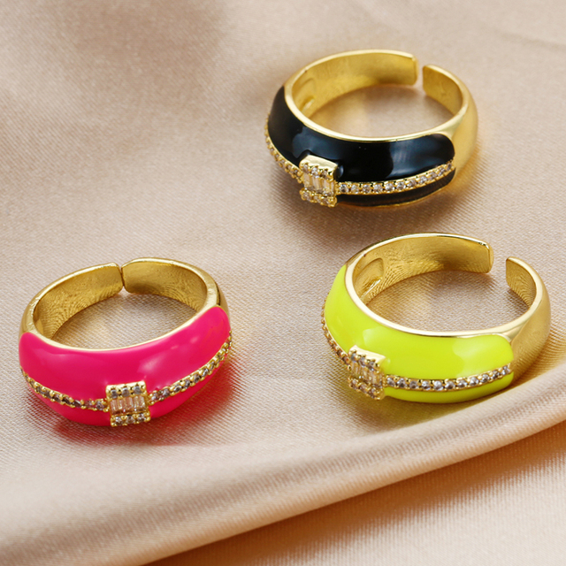 Kolorowe pierścionki neonowe z regulowanym otwartym palcem, miedź cyrkon Micro Pave biżuteria fluorescencyjna dla kobiet (2021) - Wianko - 2