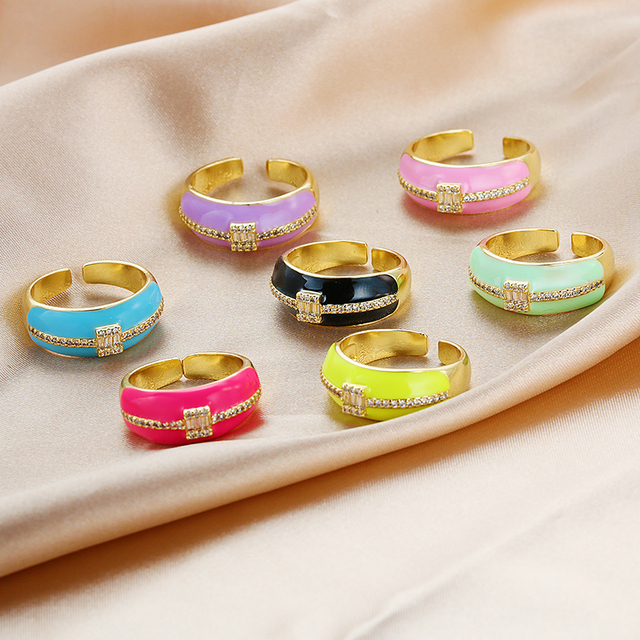 Kolorowe pierścionki neonowe z regulowanym otwartym palcem, miedź cyrkon Micro Pave biżuteria fluorescencyjna dla kobiet (2021) - Wianko - 1