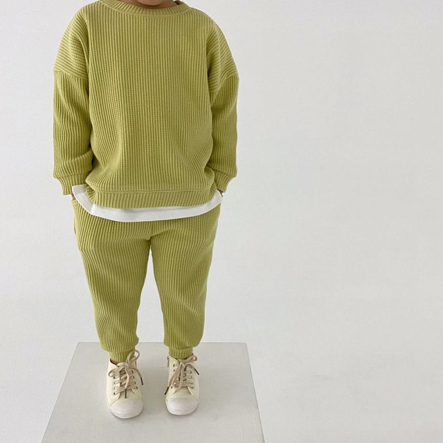 Zestawy ubrań dla niemowląt - koreańska wiosenno-jesienna kolekcja z luźnymi dresami wafel bawełna dla chłopców i dziewcząt - topy + spodnie - Wianko - 8