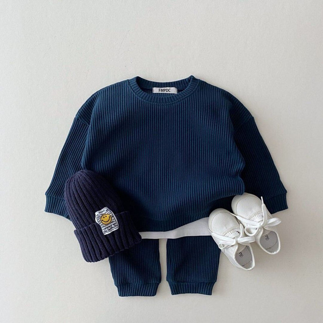 Zestawy ubrań dla niemowląt - koreańska wiosenno-jesienna kolekcja z luźnymi dresami wafel bawełna dla chłopców i dziewcząt - topy + spodnie - Wianko - 2