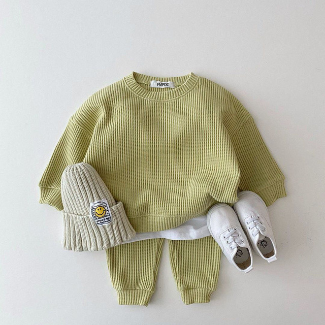 Zestawy ubrań dla niemowląt - koreańska wiosenno-jesienna kolekcja z luźnymi dresami wafel bawełna dla chłopców i dziewcząt - topy + spodnie - Wianko - 4