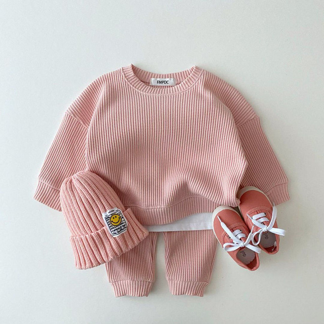 Zestawy ubrań dla niemowląt - koreańska wiosenno-jesienna kolekcja z luźnymi dresami wafel bawełna dla chłopców i dziewcząt - topy + spodnie - Wianko - 3
