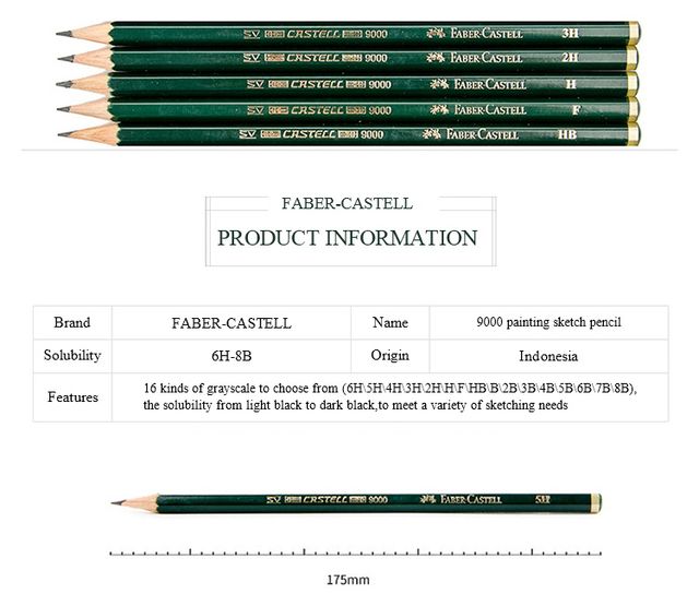 Faber-Castell 9000 - Ołówek szkicowy grafitowy B/2B/3B/4B/5B/6B/7B/8B/H/2H/3H/4H/5H/6H/F - 12/16 szt. - Drewniany - Rysowanie szkolne - Wianko - 2