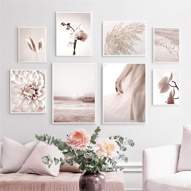 Romantyczny obraz dekoracyjny - różowy kwiat, plaża, fale, dziewczyna - malarstwo i kaligrafia - Wianko - 1