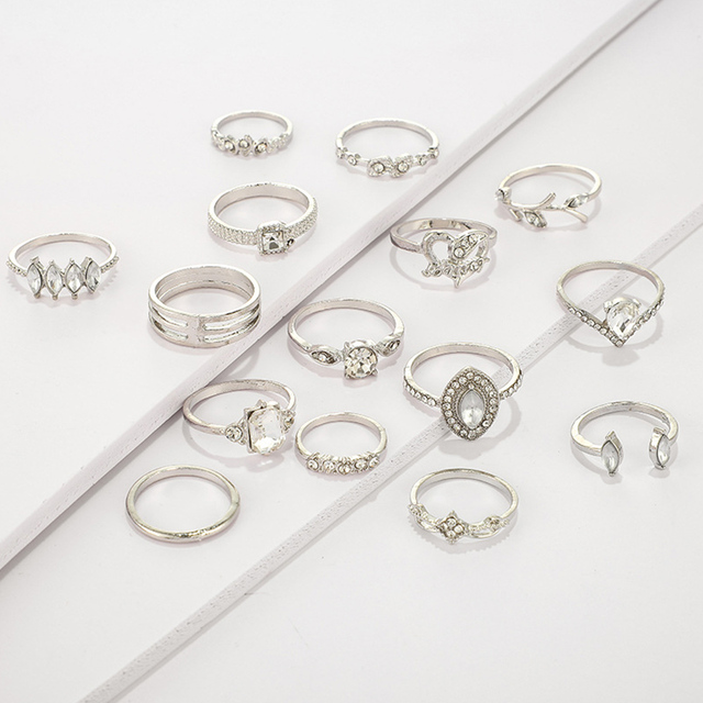 Zestaw 15 sztuk pierścieni z jasnym kryształem w kształcie serca dla kobiet - Wianko - 6
