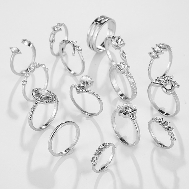 Zestaw 15 sztuk pierścieni z jasnym kryształem w kształcie serca dla kobiet - Wianko - 3