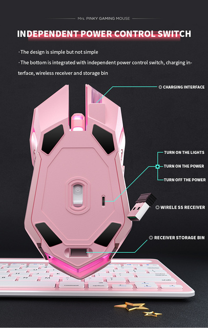 Myszka do gier bezprzewodowa RGB 2400DPI, ergonomiczna dla graczy, podświetlana, różowa - Wianko - 9