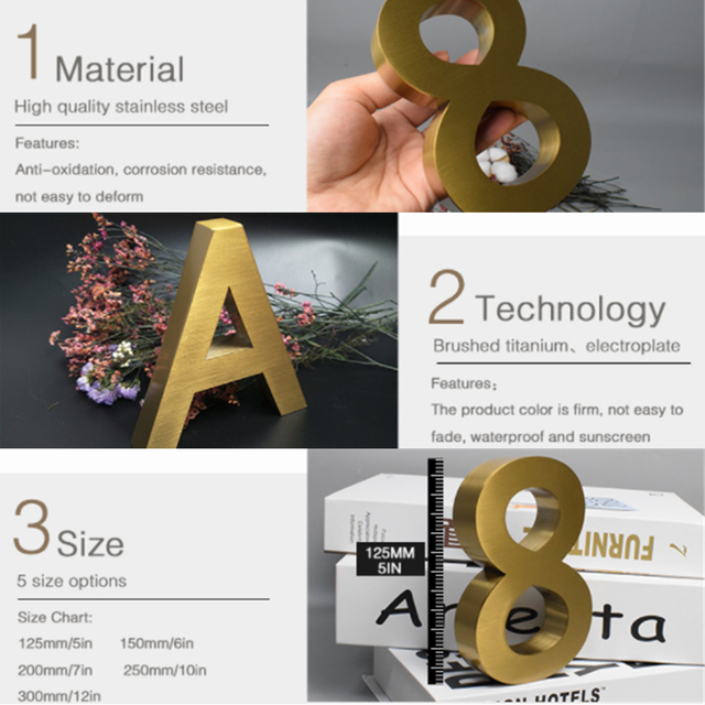 Nowoczesne 3D litery i cyfry z odkrytego metalu ze złota ze stali nierdzewnej 0-9 A-Z dla adresów domowych, hoteli, mieszkań i tablic rejestracyjnych - Wianko - 6