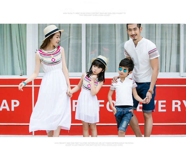 2021 Rodzinne stroje letnie w stylu etnicznym: sukienki plażowe dla matki i córki, biały T-shirt dla ojca i syna - Wianko - 5