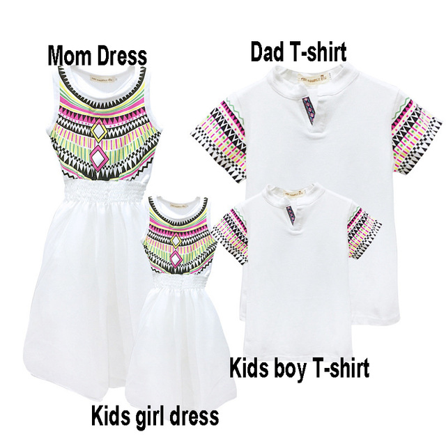 2021 Rodzinne stroje letnie w stylu etnicznym: sukienki plażowe dla matki i córki, biały T-shirt dla ojca i syna - Wianko - 2