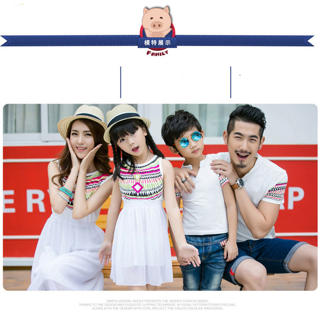2021 Rodzinne stroje letnie w stylu etnicznym: sukienki plażowe dla matki i córki, biały T-shirt dla ojca i syna - Wianko - 7