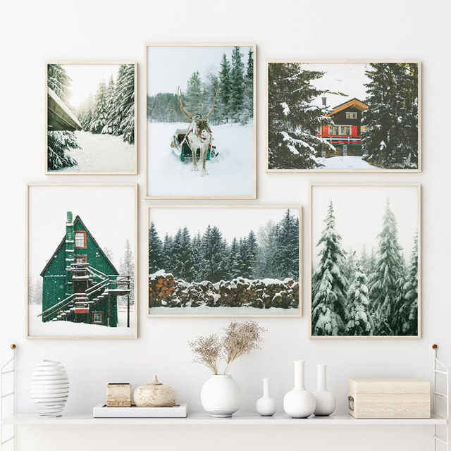 Obraz ścienny na płótnie - Zima krajobraz leśny z reniferem - Dekoracje świąteczne - Malarstwo i kaligrafia - Pokój Home Decoration - Wianko - 4