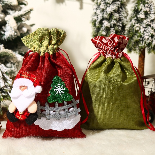 Duża torba prezentowa lnianym sznurkiem, świąteczny wzór Świętego Mikołaja, złote i srebrne - Wianko - 6