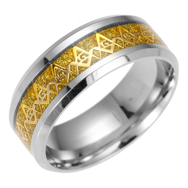 Pierścień masoński z peridotem marki Projekt, wykonany ze stali nierdzewnej, szerokość 6 mm, kolor złoty, dla mężczyzn (JZ140) - Wianko - 4