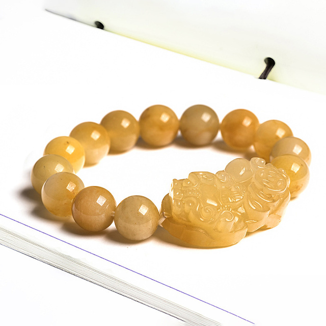 Ręcznie rzeźbiona bransoletka ze złotego jedwabistego żółtego jadeitu Pixiu 10-13 mm - biżuteria szczęścia dla mężczyzn i kobiet - Wianko - 1