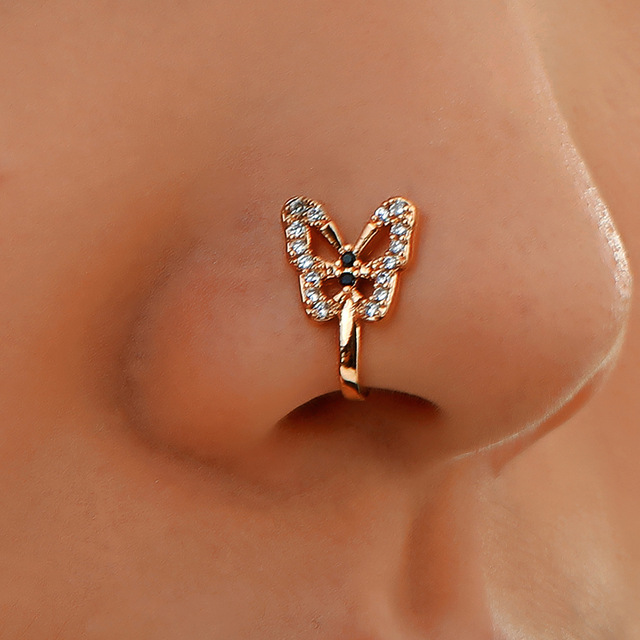Kolczyk w nosie z kryształem i motylem, fałszywy, pierścionek do nosa, styl indyjski, biżuteria do nosa - Wianko - 1
