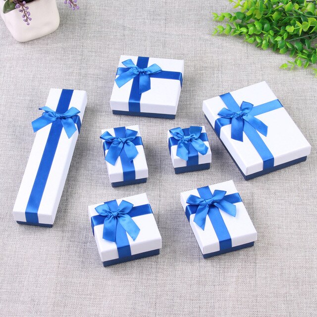 Pudełko prezentowe na biżuterię z papieru, niebieskie, w kształcie prostokąta z kokardą, idealne na naszyjniki, kolczyki i pierścionki - Wianko - 6