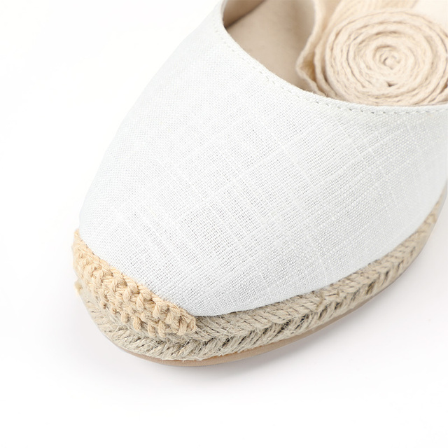 Sandały damskie na koturnie ze szpiczastym noskiem i espadrylkową podeszwą, bawełniano-tkane, 0-3cm, 2021 - Soludos - Wianko - 5
