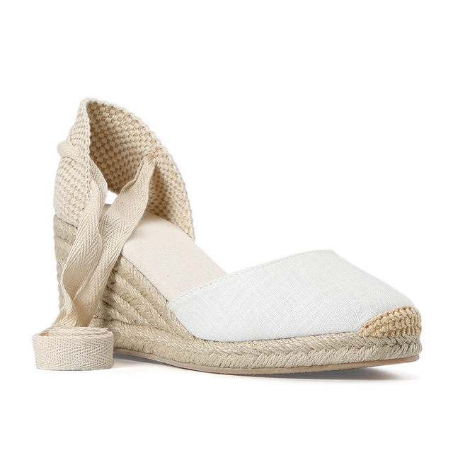 Sandały damskie na koturnie ze szpiczastym noskiem i espadrylkową podeszwą, bawełniano-tkane, 0-3cm, 2021 - Soludos - Wianko - 1