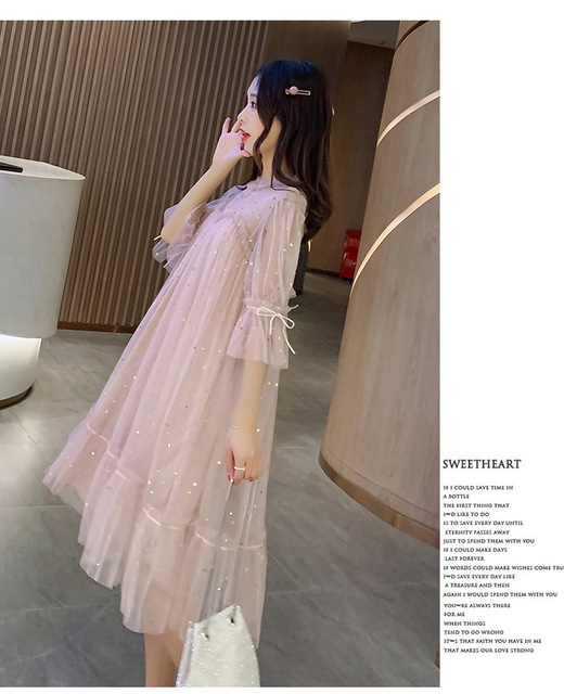 Nowa suknia macierzyńska dla kobiet w ciąży - elegancka, luźna sukienka z siateczką Mesh i cekinami - Wianko - 5