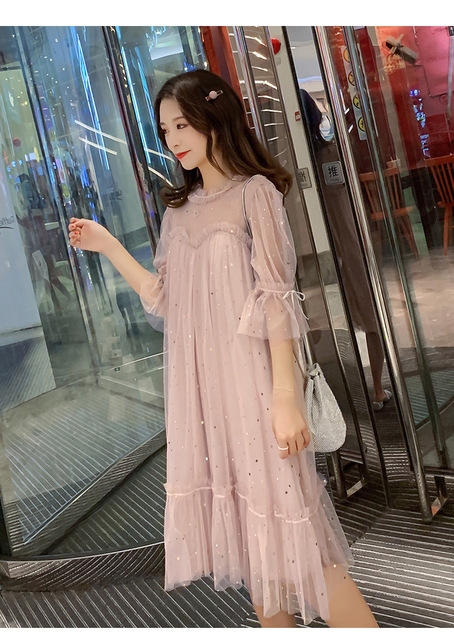 Nowa suknia macierzyńska dla kobiet w ciąży - elegancka, luźna sukienka z siateczką Mesh i cekinami - Wianko - 6