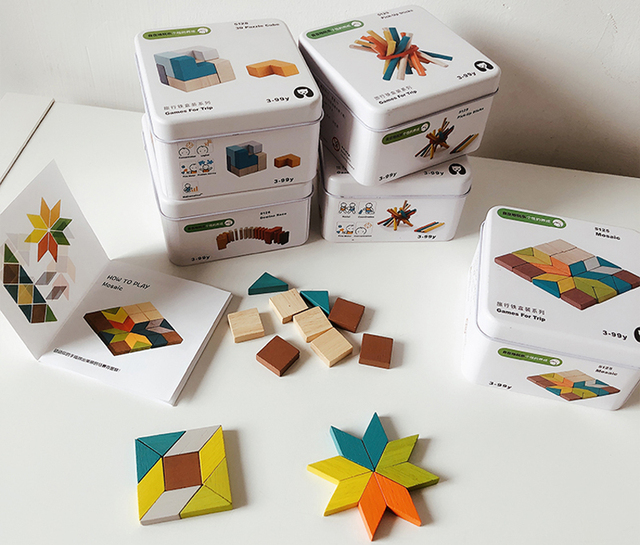 Zestaw klocków drewnianych dla dzieci TinBox Storage Organizer - Tangram puzzle 3D, koraliki układanki, domino, Gyro Spin, szachy, gra montessori - Wianko - 3