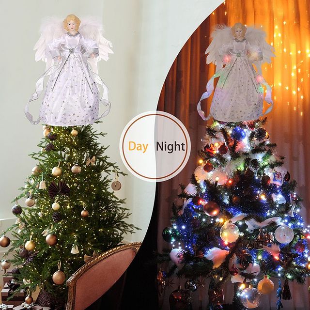 Czubek choinkowy - Gwiazda Bożonarodzeniowa w kształcie cylindra z dekoracyjnym wierzchołkiem, wstążką Bowknot i świecącą lalką anioła LED - Wianko - 59