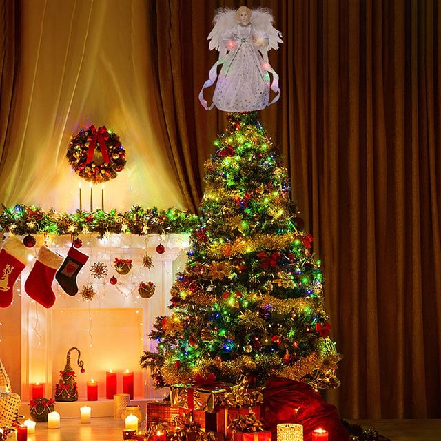 Czubek choinkowy - Gwiazda Bożonarodzeniowa w kształcie cylindra z dekoracyjnym wierzchołkiem, wstążką Bowknot i świecącą lalką anioła LED - Wianko - 60