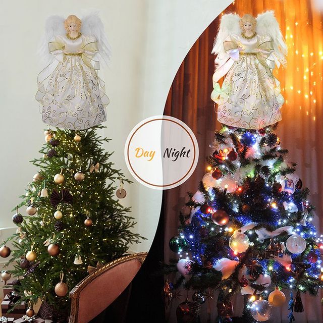 Czubek choinkowy - Gwiazda Bożonarodzeniowa w kształcie cylindra z dekoracyjnym wierzchołkiem, wstążką Bowknot i świecącą lalką anioła LED - Wianko - 53