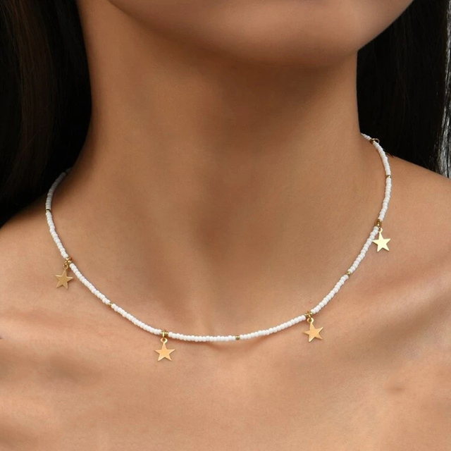 Moda biżuteria bohema wisiorek naszyjnik gwiazdy białe koraliki łańcuch geometria X082 - Wianko - 1