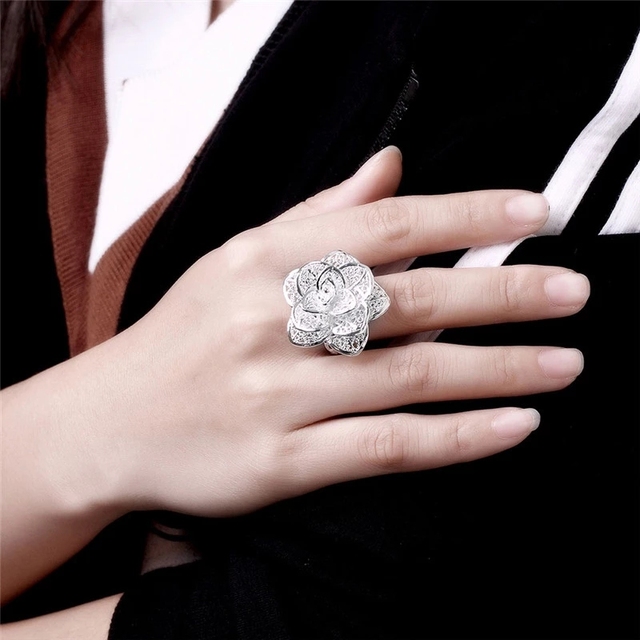 Kolczyki naszyjnik pierścionki - zestaw biżuterii damskiej ze srebra próby 925 z delikatnym wzorem kwiatowym - prezent na imprezę weselną lub świąteczny - Wianko - 12