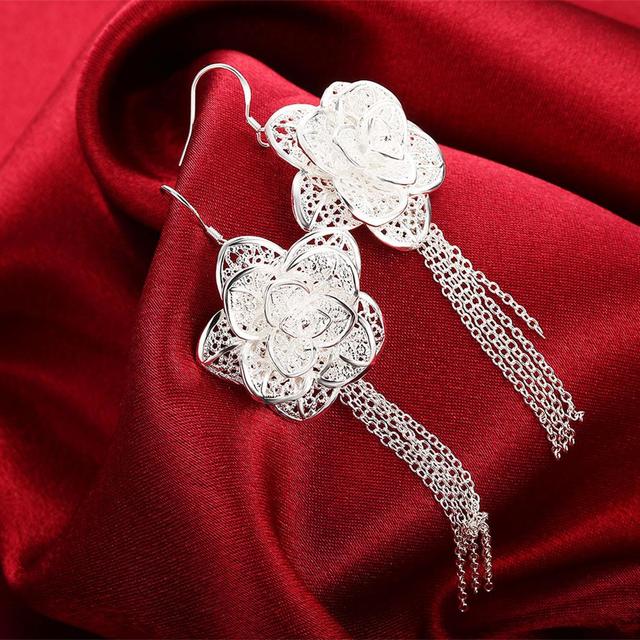 Kolczyki naszyjnik pierścionki - zestaw biżuterii damskiej ze srebra próby 925 z delikatnym wzorem kwiatowym - prezent na imprezę weselną lub świąteczny - Wianko - 3