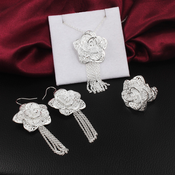 Kolczyki naszyjnik pierścionki - zestaw biżuterii damskiej ze srebra próby 925 z delikatnym wzorem kwiatowym - prezent na imprezę weselną lub świąteczny - Wianko - 1
