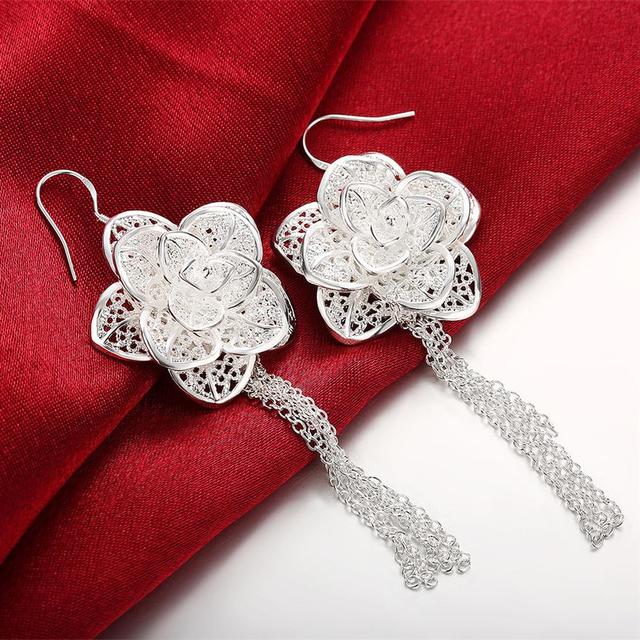 Kolczyki naszyjnik pierścionki - zestaw biżuterii damskiej ze srebra próby 925 z delikatnym wzorem kwiatowym - prezent na imprezę weselną lub świąteczny - Wianko - 2