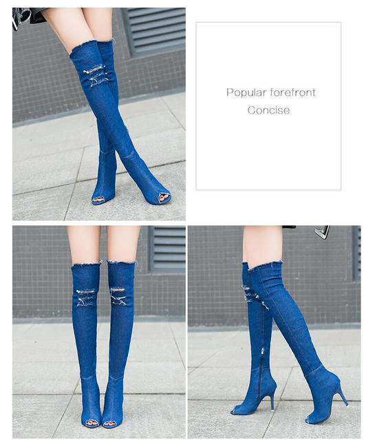 Kobiety buty za kolano z Peep Toe elastycznymi dżinsami i wysokim stanem - Wianko - 5