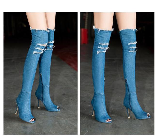 Kobiety buty za kolano z Peep Toe elastycznymi dżinsami i wysokim stanem - Wianko - 3