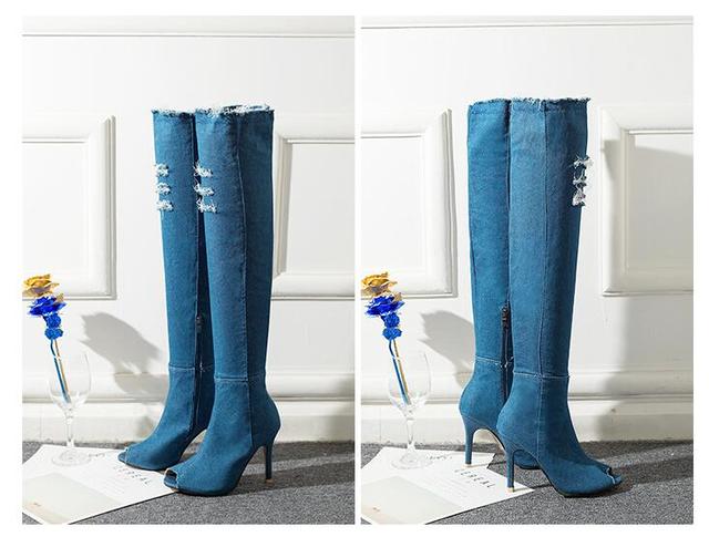 Kobiety buty za kolano z Peep Toe elastycznymi dżinsami i wysokim stanem - Wianko - 7