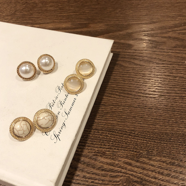 Kolczyki Vintage AOMU 2020 z marmurowym okrągłym opalem - perłowy detal - Wianko - 8