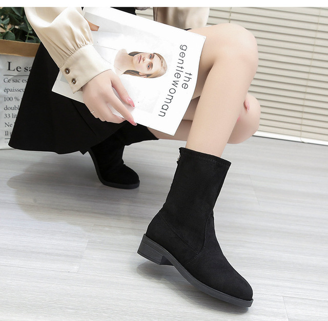 Nowe modne kobiety botki Chelsea Boots - grube, zimowe, ciepłe, na platformie, imitujące zamsz, wsuwane na obcasie - Wianko - 14
