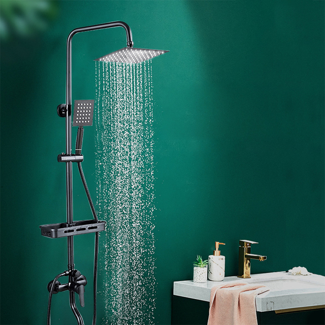 Zestaw kranów prysznicowych matowy czarny z deszczownicą, jedna dźwignia do wanny i prysznica, bateria kranowa z półką do przechowywania i mieszacz - Wianko - 3