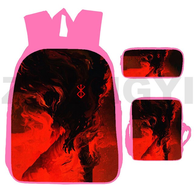 Plecak Berserk 3D dla kobiet - 3 szt./zestaw w kolorze różowym dla dzieci w wieku przedszkolnym - 12/16 Cali - dla mężczyzn i kobiet - płócienny - Wianko - 8
