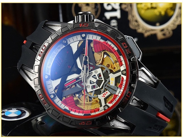 Luksusowy zegarek mechaniczny męski z paskiem silikonowym - Hollow self-wiatr - duży cyfrowy wojskowy Sport męski zegar Relogio - Wianko - 4