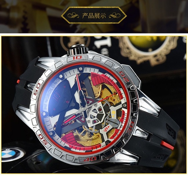 Luksusowy zegarek mechaniczny męski z paskiem silikonowym - Hollow self-wiatr - duży cyfrowy wojskowy Sport męski zegar Relogio - Wianko - 5