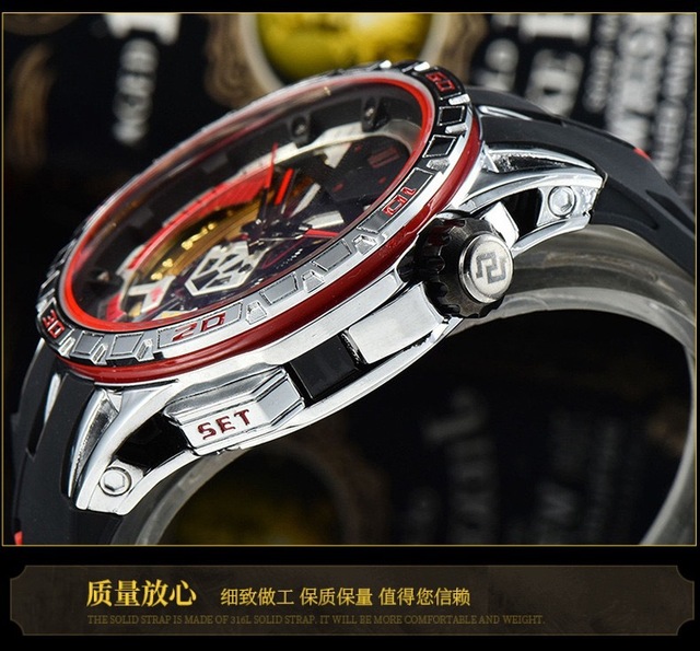 Luksusowy zegarek mechaniczny męski z paskiem silikonowym - Hollow self-wiatr - duży cyfrowy wojskowy Sport męski zegar Relogio - Wianko - 3