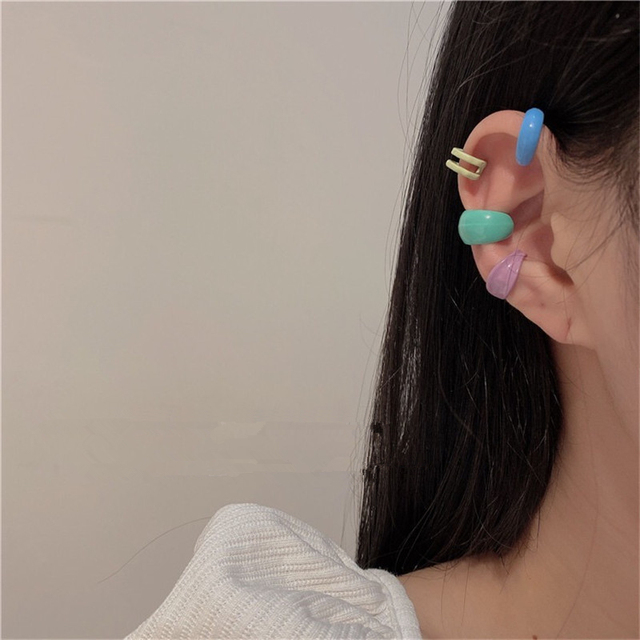 Klipsy na uszy AOMU Korea - cukierki z kolorową emalią, okrągłe z geometrycznym wzorem, proste klipsy w kształcie litery C dla kobiet - biżuteria ślubna - Wianko - 7