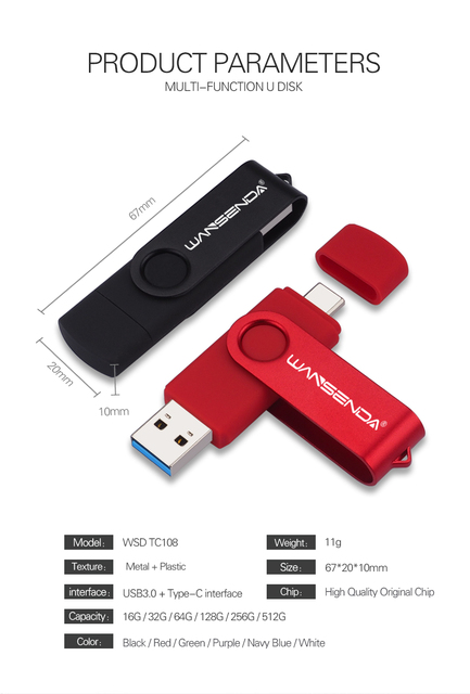 Dysk Flash USB WANSENDA pamięć USB typu C OTG 2 w 1 512GB 256GB 128GB 64GB 32GB 16GB USB 3.0 szybki Pendrive - Wianko - 10