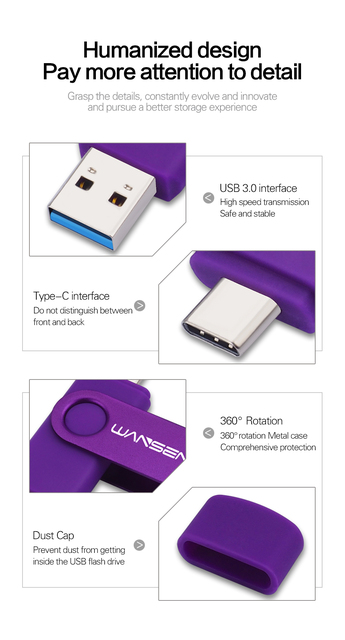 Dysk Flash USB WANSENDA pamięć USB typu C OTG 2 w 1 512GB 256GB 128GB 64GB 32GB 16GB USB 3.0 szybki Pendrive - Wianko - 3