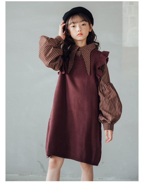 Sukienka jesienno-zimowa dla dziewczynek w paski z długim rękawem - rozmiary 3-12 lat - Wianko - 1