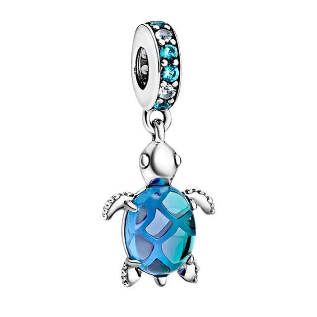 Bransoletka Pandora Charms z oryginalnym, srebrnym wisiorkiem, zdobiona niebieskim szkłem Murano, przedstawiająca żółwia morskiego - biżuteria DIY dla kobiet - Wianko - 2